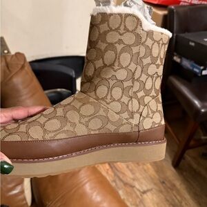 Coach Signature Pattern Tan and Brown Winter Boots